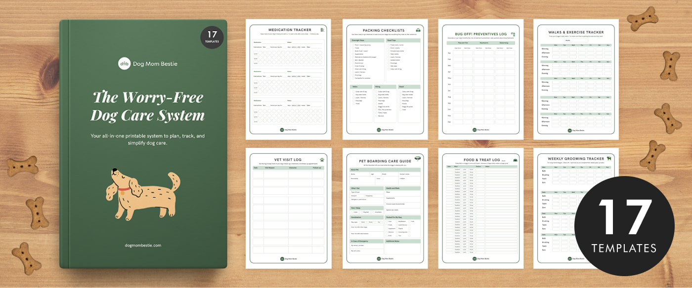 The Worry-Free Dog Care System — 17 printable templates spread out on a wooden desk