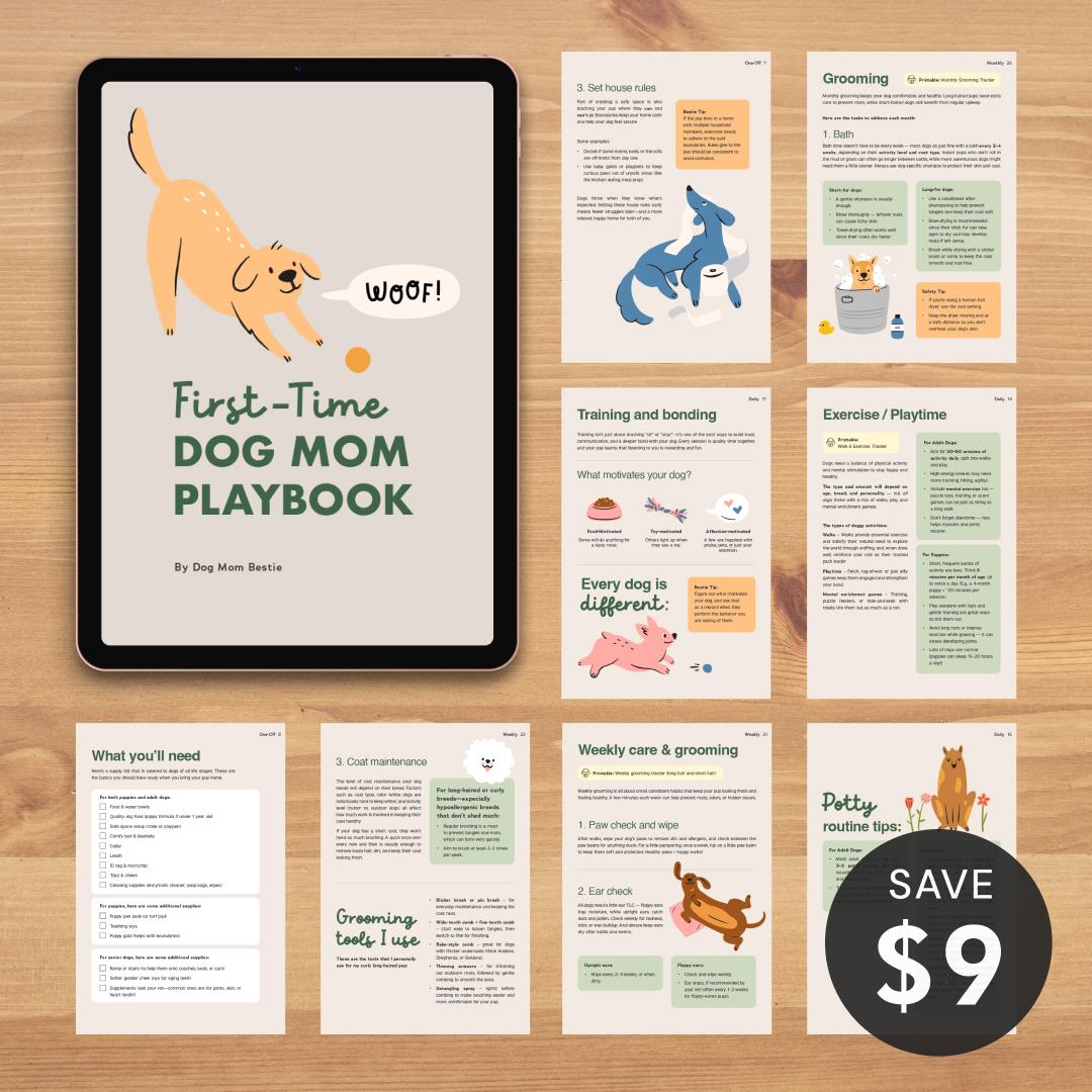 First-Time Dog Mom Playbook on an iPad with a latte